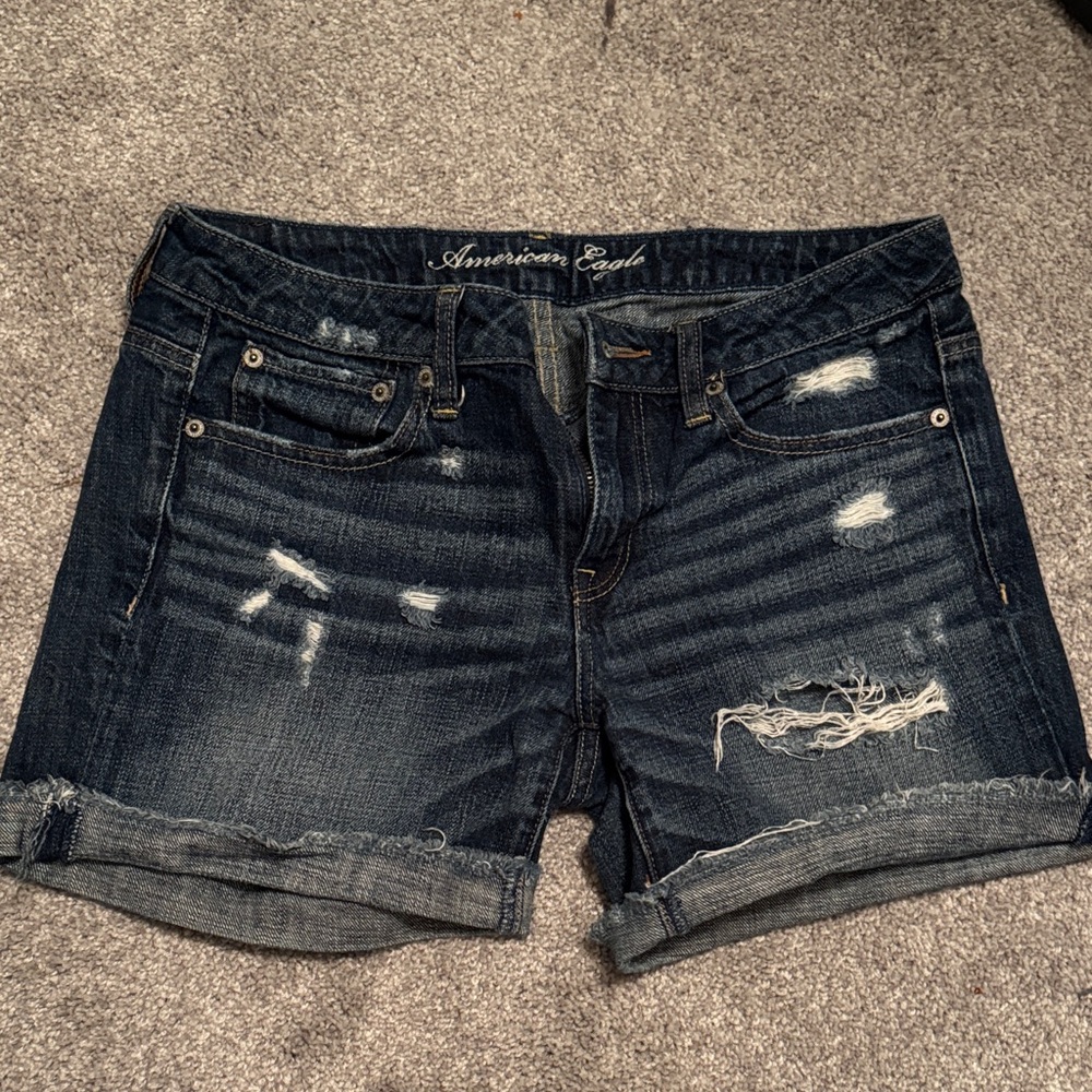 American Eagle Outfitters Women's Ripped Jean Shorts - Dark Blue